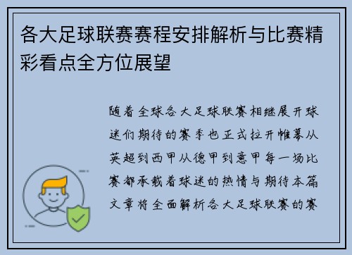 各大足球联赛赛程安排解析与比赛精彩看点全方位展望