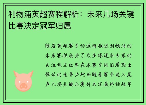 利物浦英超赛程解析：未来几场关键比赛决定冠军归属