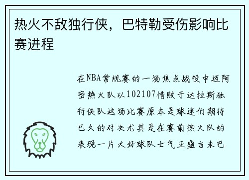 热火不敌独行侠，巴特勒受伤影响比赛进程