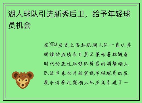 湖人球队引进新秀后卫，给予年轻球员机会
